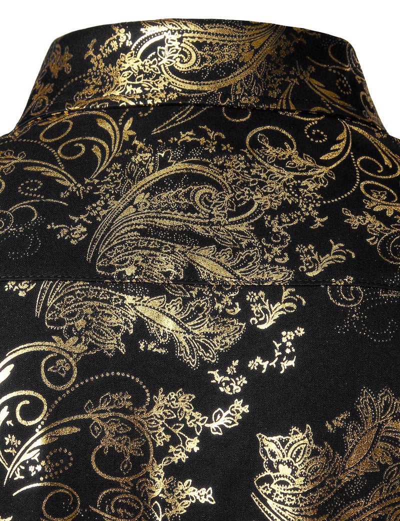 ZEROYAA Men's Luxury Paisley Dress Shirt Shiny Floral Printed Button Down Shirts for Party Prom ZLCL18 Black Gold Large - Image 5